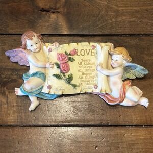 VTG Y2K 90s 3D Porcelain Angel Baby Cherub Floral Love Scroll Wall Decor Hanging